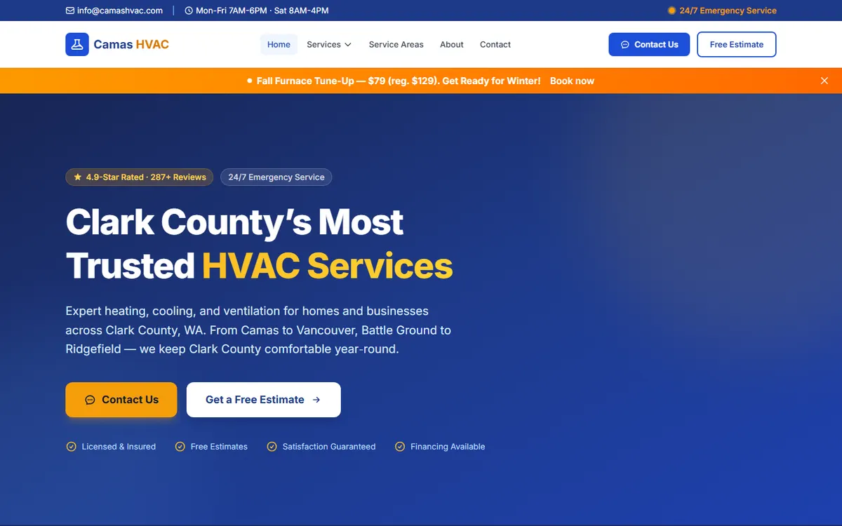 Camas HVAC website homepage