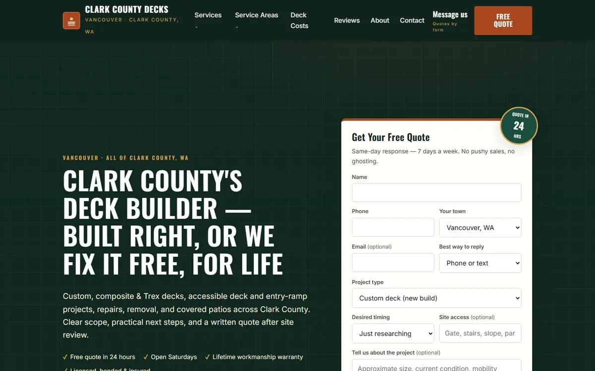 Clark County Decks website homepage