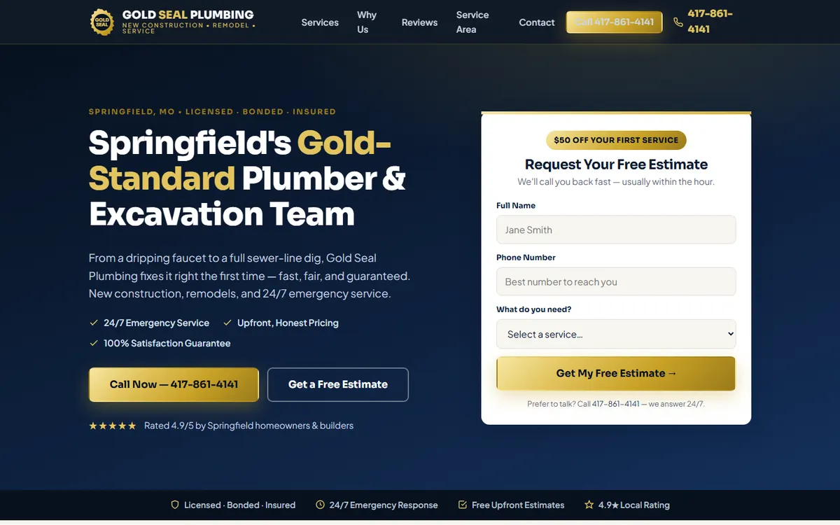 Gold Seal Plumbing website homepage