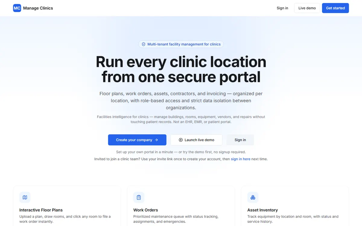 Manage Clinics website homepage